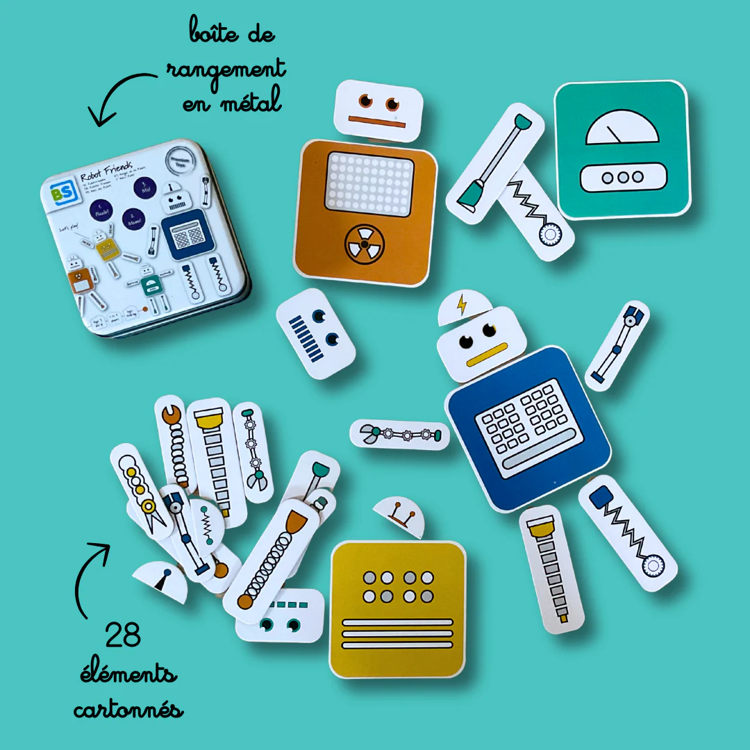 Jeu pour enfant : Assemble les différentes pièces pour construire des robots uniques ou reproduire des modèles existants