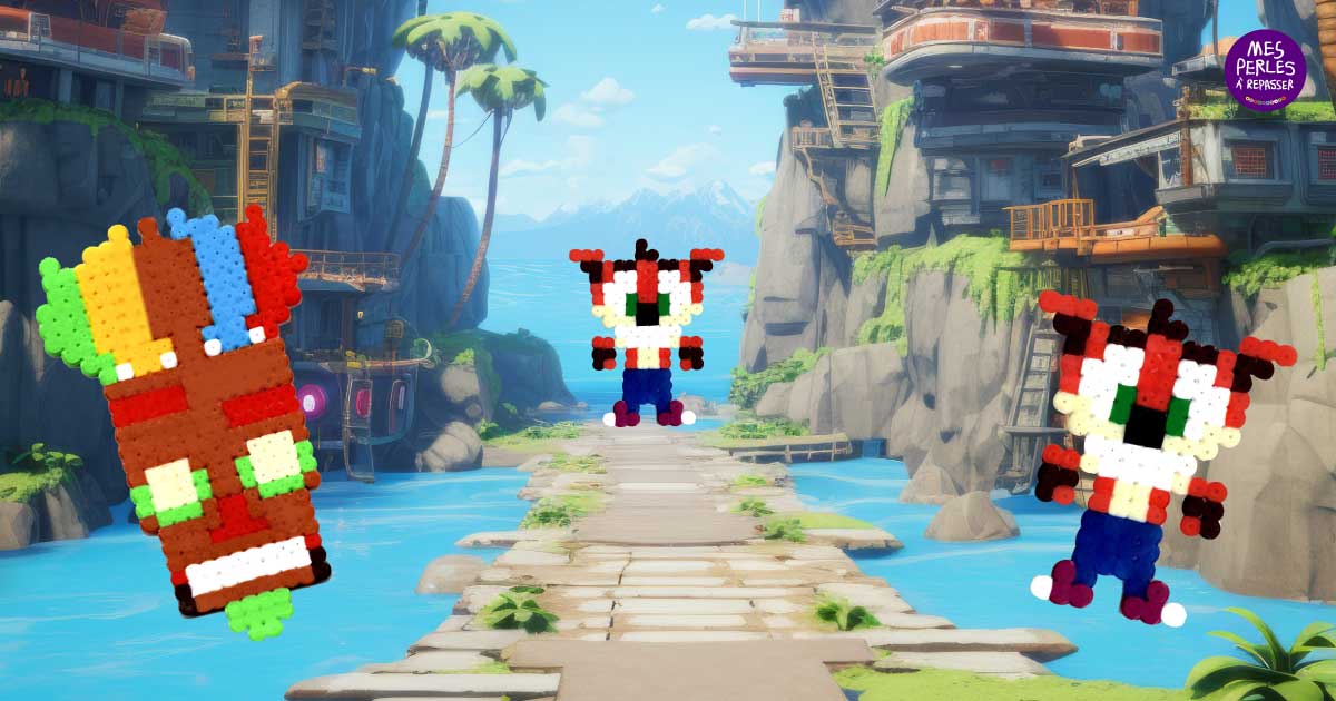 Modèle de perles à repasser - Jeux vidéo - Crash Bandicoot & Aku Aku - PDF à imprimer - Free printable Crash Bandicoot perler beads pattern!