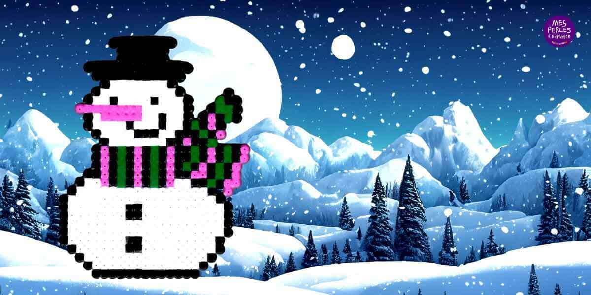 Modèle de perles à Repasser à imprimer Grand Bonhomme de Neige - Free printable Big Snowman perler beads pattern