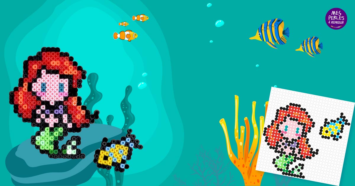 Modèle de perles à repasser Disney à imprimer - Ariel la Petite Sirène - Easy & Free printable Disney Little Mermaid perler beads pattern! Actual size for pegboards!