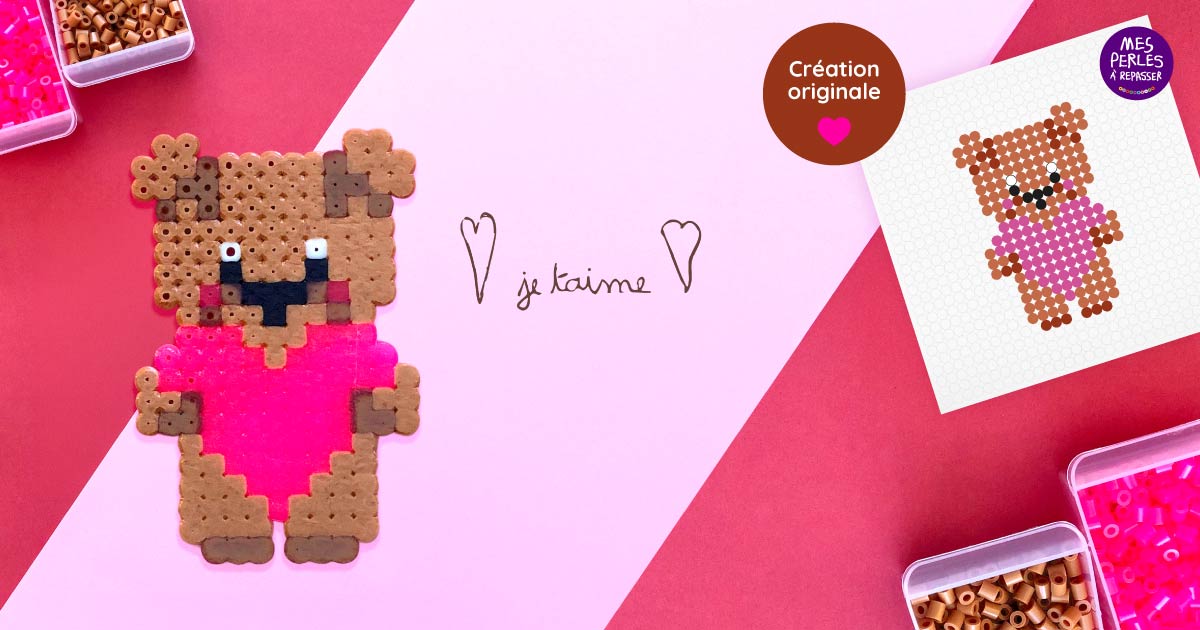Modèle de perles à repasser - Saint Valentin - Fête des Mères, Fête des Pères - Ourson Cœur - PDF à imprimer - Free printable Teddy Bear with Heart perler beads pattern! - Valentine's Day Mother's Day Father's Day - Actual size for pegboards!