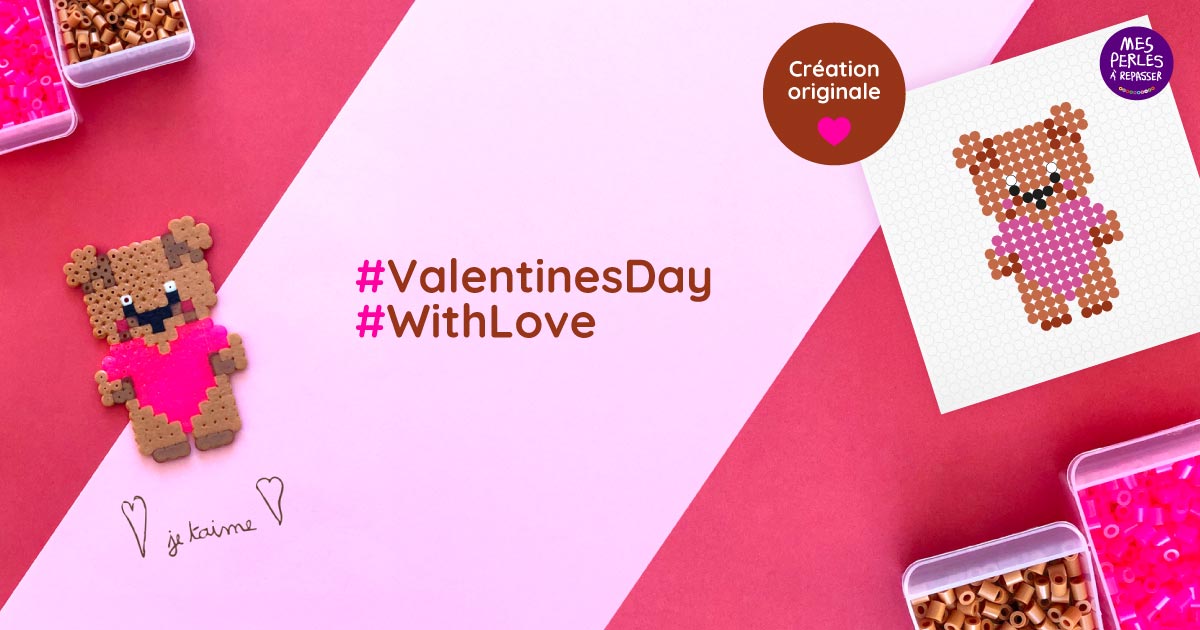 Modèle de perles à repasser - Saint Valentin - Ourson Cœur - PDF à imprimer - Free printable Valentine's Day Bear perler beads pattern! Actual size for pegboards!