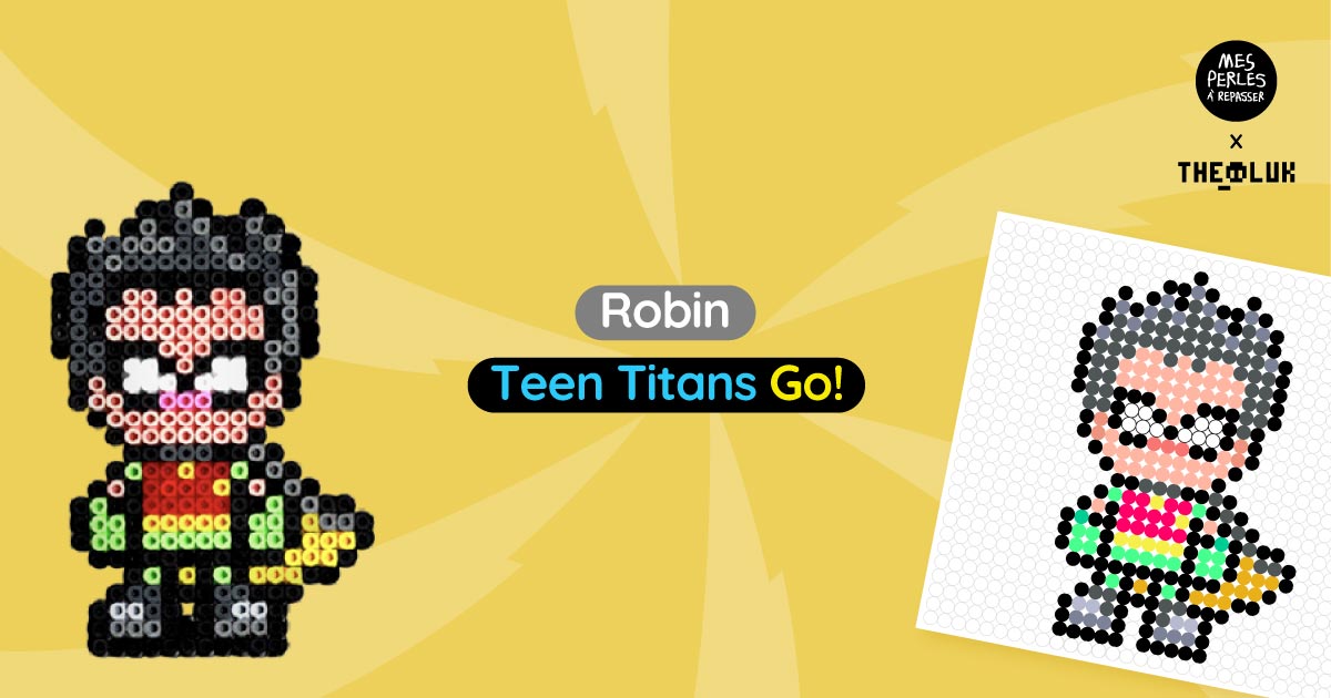 Modèle de perles à repasser à imprimer Teen Titans Go! - Robin - Easy & Free printable Teen Titans Go! characters perler beads pattern! Actual size for pegboards!