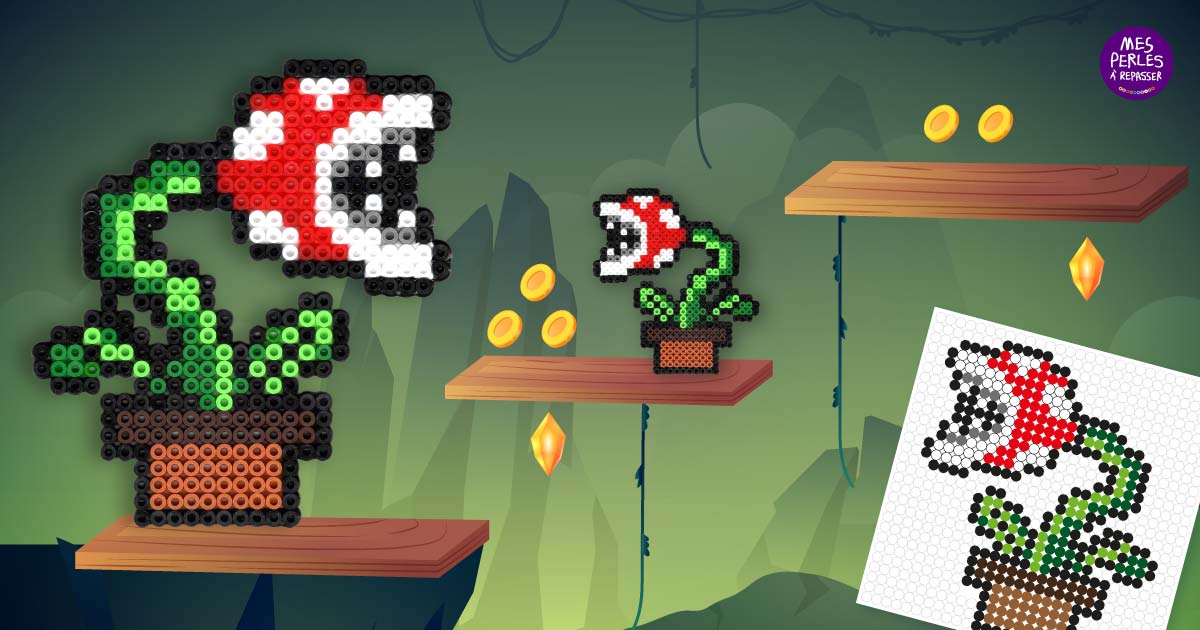 Modèle de perles à repasser Super Mario à imprimer - Plante Carnivore - Easy & Free printable Super Mario Piranha Plant perler beads pattern! Actual size for pegboards!