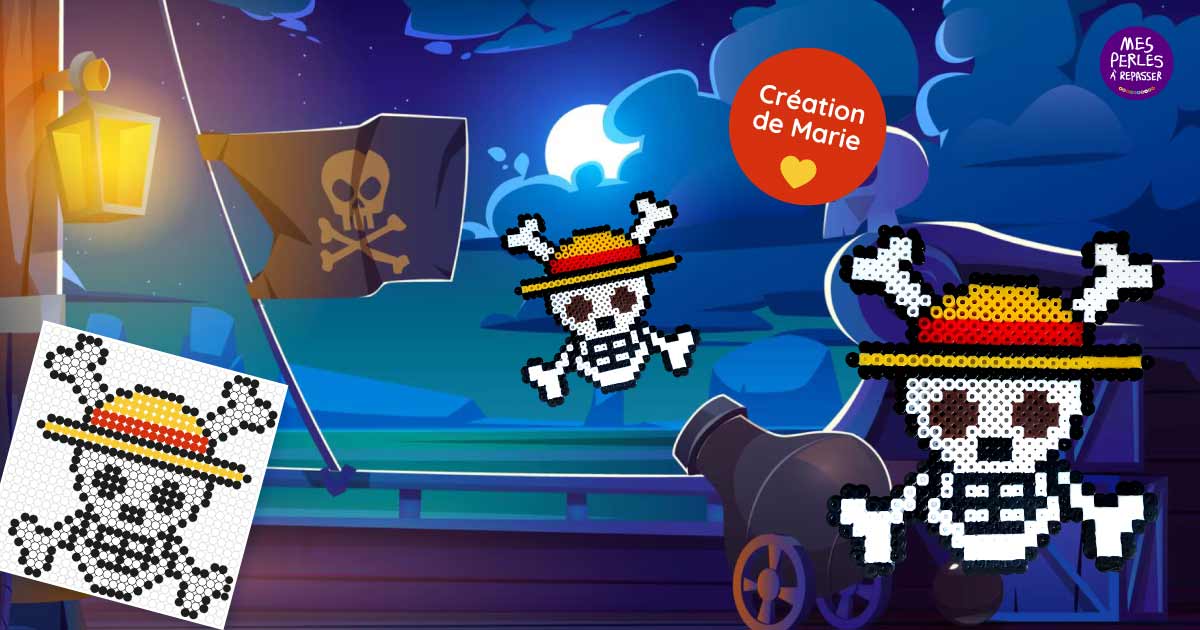 Modèle de perles à repasser One Piece à imprimer - Logo Pirate - Easy & Free printable One Piece perler beads pattern! Actual size for pegboards!