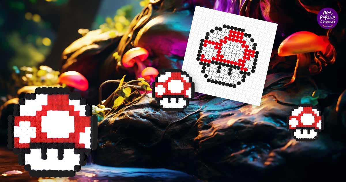 Modèle de perles à repasser Super Mario à imprimer - Super Champignon - Easy & Free printable Mario Super Mushroom perler beads pattern! Actual size for pegboards!