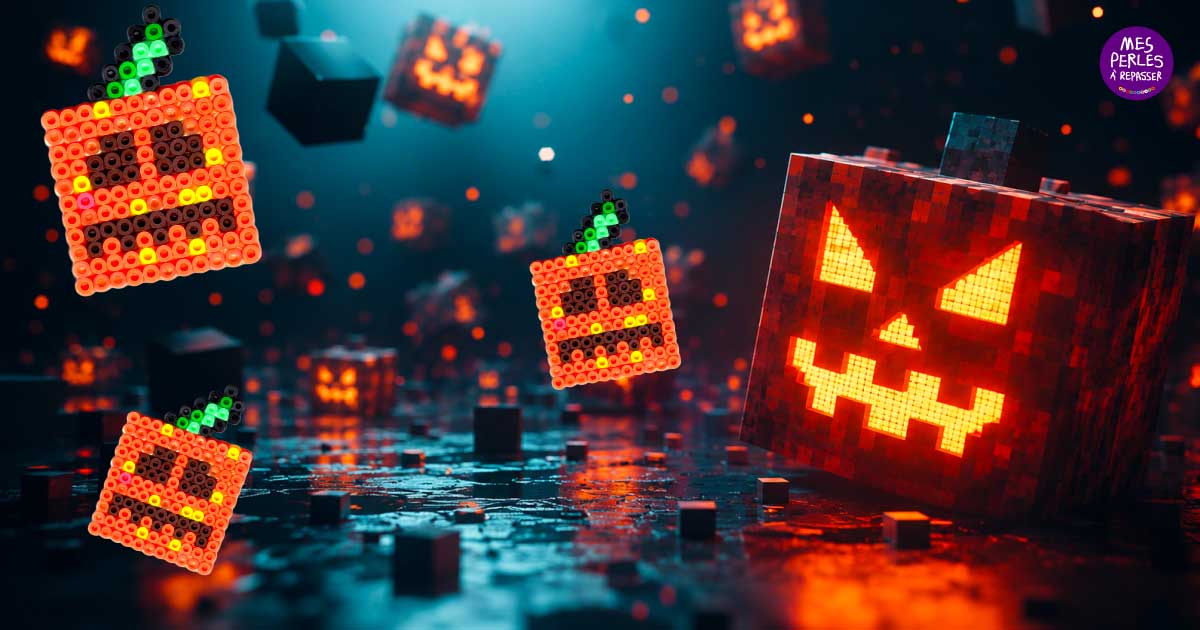 Modèles perles à repasser Halloween Citrouille Minecraft - Modèles Originaux en PDF à taille réelle Mes Perles à Repasser - Free printable Minecraft Pumpkin perler beads Pattern for Halloween! Actual size for pegboards