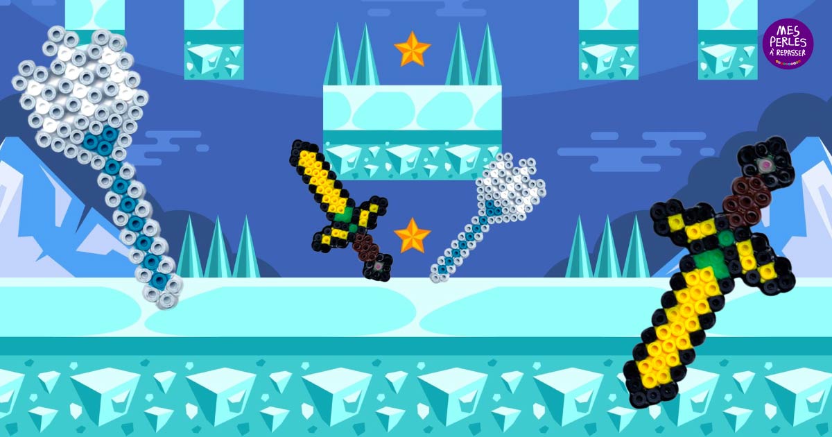 Modèle de perles à repasser Minecraft à imprimer en PDF - Epée et Trident - Easy & Free printable Minecraft Weapons perler beads pattern! Actual size for pegboards!