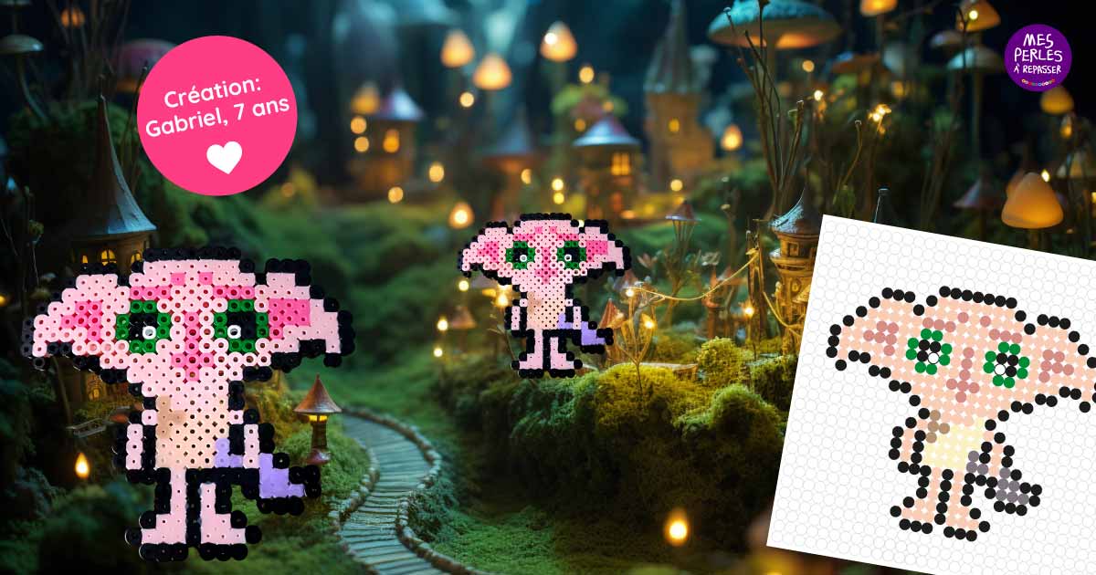 Modèle de perles à repasser Harry Potter à imprimer en PDF - Dobby - Easy & Free printable Harry Potter Dobby perler beads pattern! Actual size for pegboards!