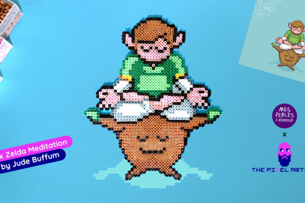 Modèle de perles à repasser Link Zelda à imprimer en PDF - Link Meditation by Jude Buffum - Big printable Zelda perler beads pattern! Actual size for pegboards!