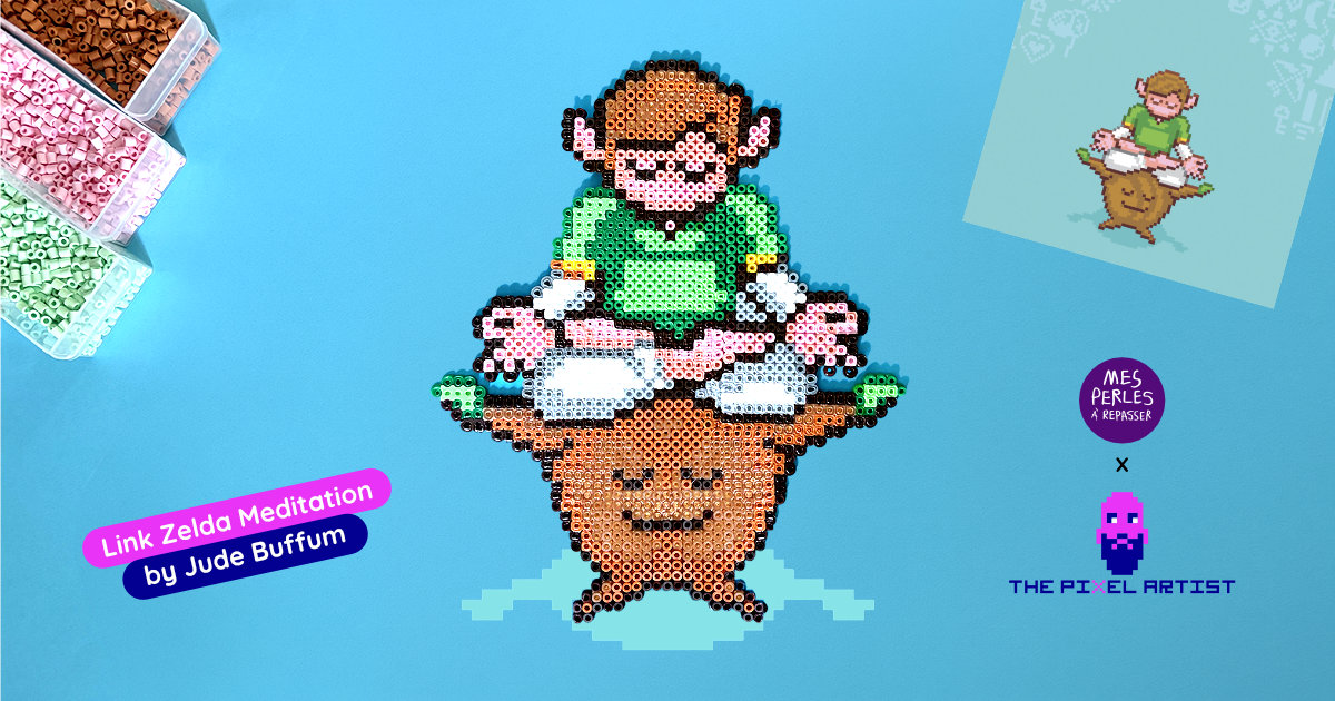 Modèle de perles à repasser Link Zelda à imprimer en PDF - Link Meditation by Jude Buffum - Big printable Zelda perler beads pattern! Actual size for pegboards!