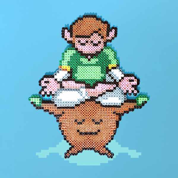 Modèle de perles à repasser Link Zelda à imprimer en PDF - Link Meditation by Jude Buffum - Big printable Zelda perler beads pattern! Actual size for pegboards!